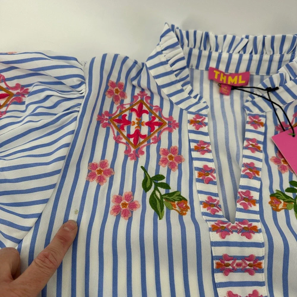 THML Blue & White Striped Embroidered Peasant Blouse with Pink Floral Accents